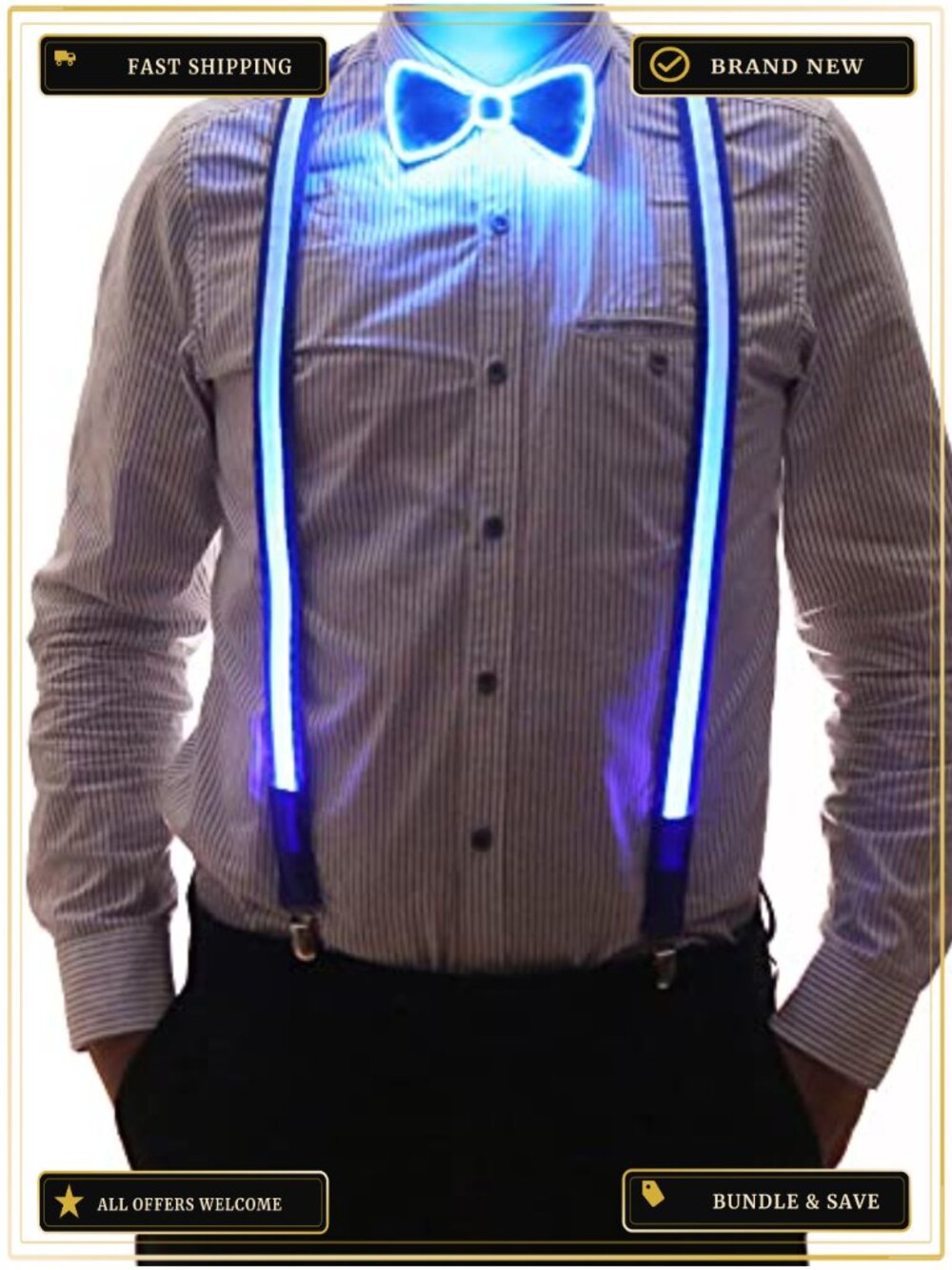 Light Up LED Suspenders & Bow Tie Set Mens Party Costume Accessory